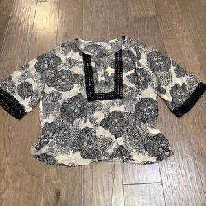 Black Rainn Women's 2X Beige Black Paisley Print Peplum‎ Top Lace Trim Tie Neck